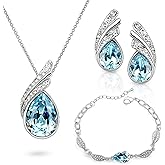 Crystalline Azuria Teardrops Crystals Blue Simulated Aquamarine Set Pendant Necklace 18 inches Earrings Bracelet 18K White Gold Plated