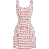 Floerns Women's Plaid Tweed Dress Sleeveless Square Neck Elegant Work Mini Dress