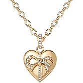 Juicy Couture Bow Wrap Puffy Heart Necklace with Clear Crystals, 18"+3" Gold-Tone Heart Jewelry, Valentines Day Gifts for Her