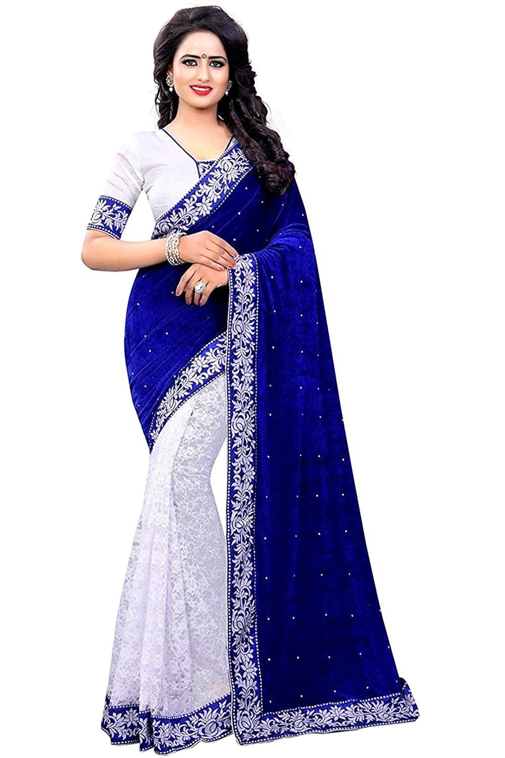 navabi export women velvet saree with blouse piece (blue_free size)