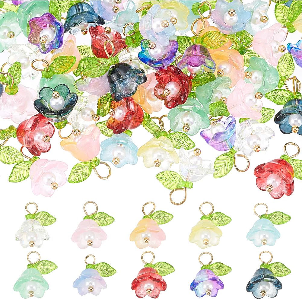 Arricraft 60 Pcs 10 Colors Glass Crystal Floral Charms, Trumpet Flower Beads for Jewelry Making, 3.5mm Hole