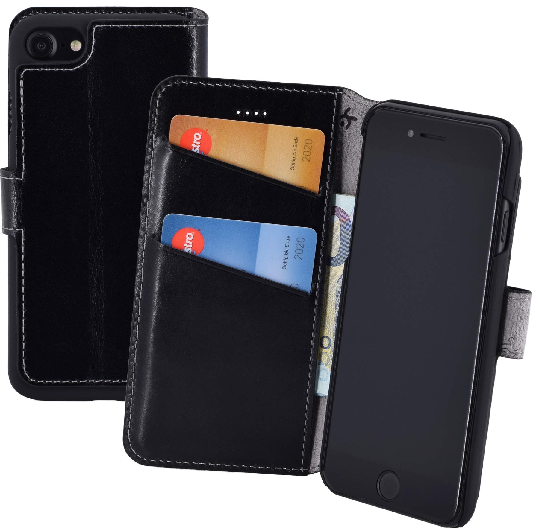 Suncase Origina Book-Style (Slim Fit) Compatible with iPhone SE 2020 Leather Case with Stand Function and Card Compartment Black