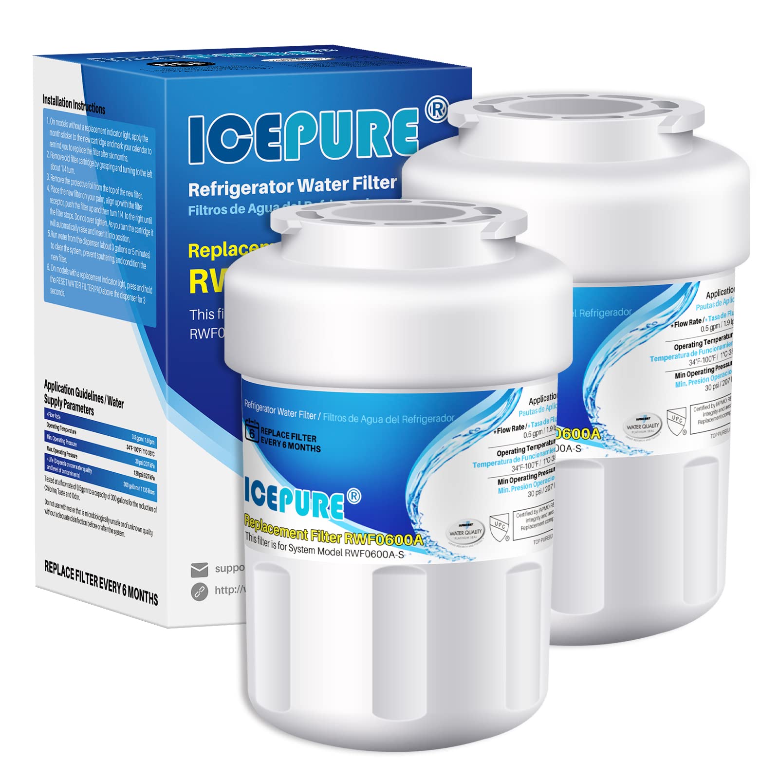 Photo 1 of ICEPURE RWF0600A Replacement for GE MWFINT, 197D6321P006, WFC1201, GSH25JSDDSS, PSHS6PGZBESS, SGF-G9, RWF1060 Refrigerator Water Filter 2PACK