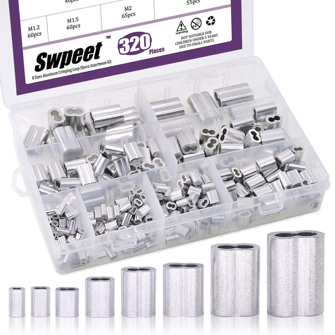 Swpeet 320Pcs 8 Sizes Aluminum Crimping Loop Sleeve Cable Ferrule Assortment Kit for Wire Rope and Cable or Anything Else Require Strong Cable