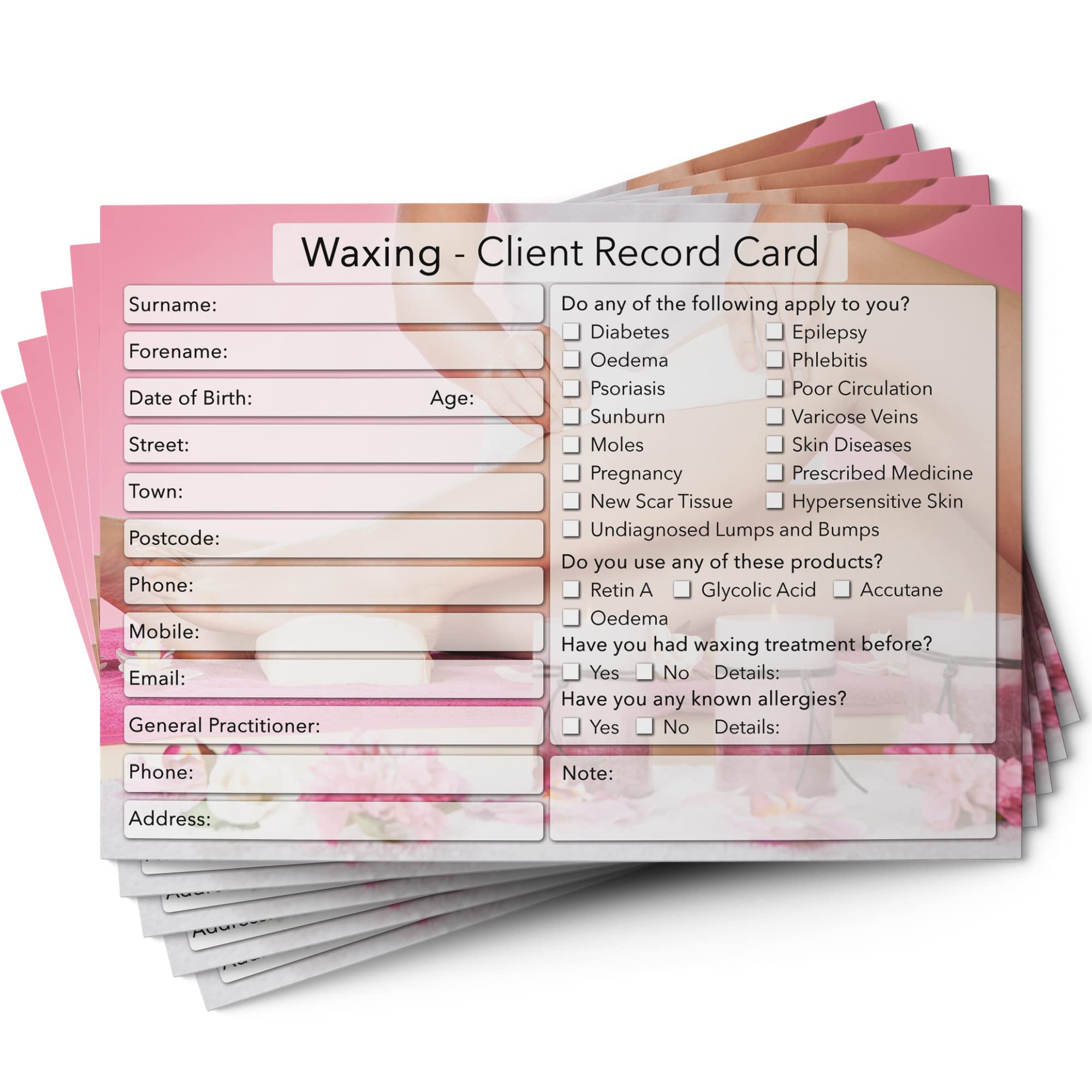 Waxing Client Cards A6 Size - Salon and Therapist Customer Consultation Record - Treatment Services Essentials - Profile and Recording Forms - Beauty Stationery - 105x148mm - Pack of 50