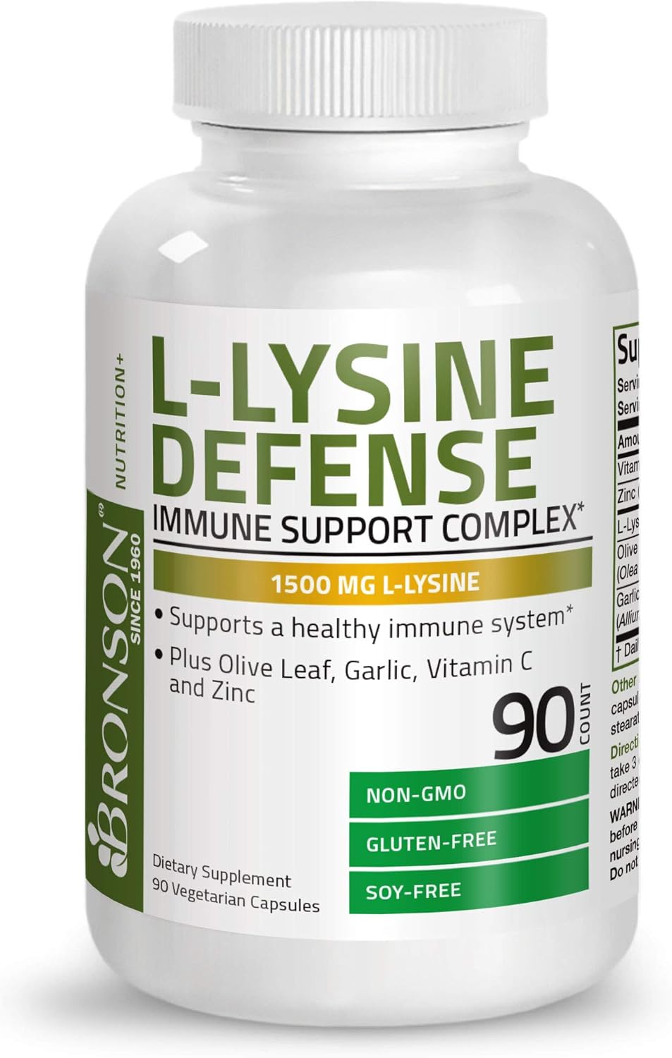 Bronson L-Lysine Defense Immune Support Complex 1500 MG L-Lysine Plus Olive Leaf, Garlic, Vitamin C and Zinc - Non-GMO, 90 Vegetarian Capsules: Health & Personal Care