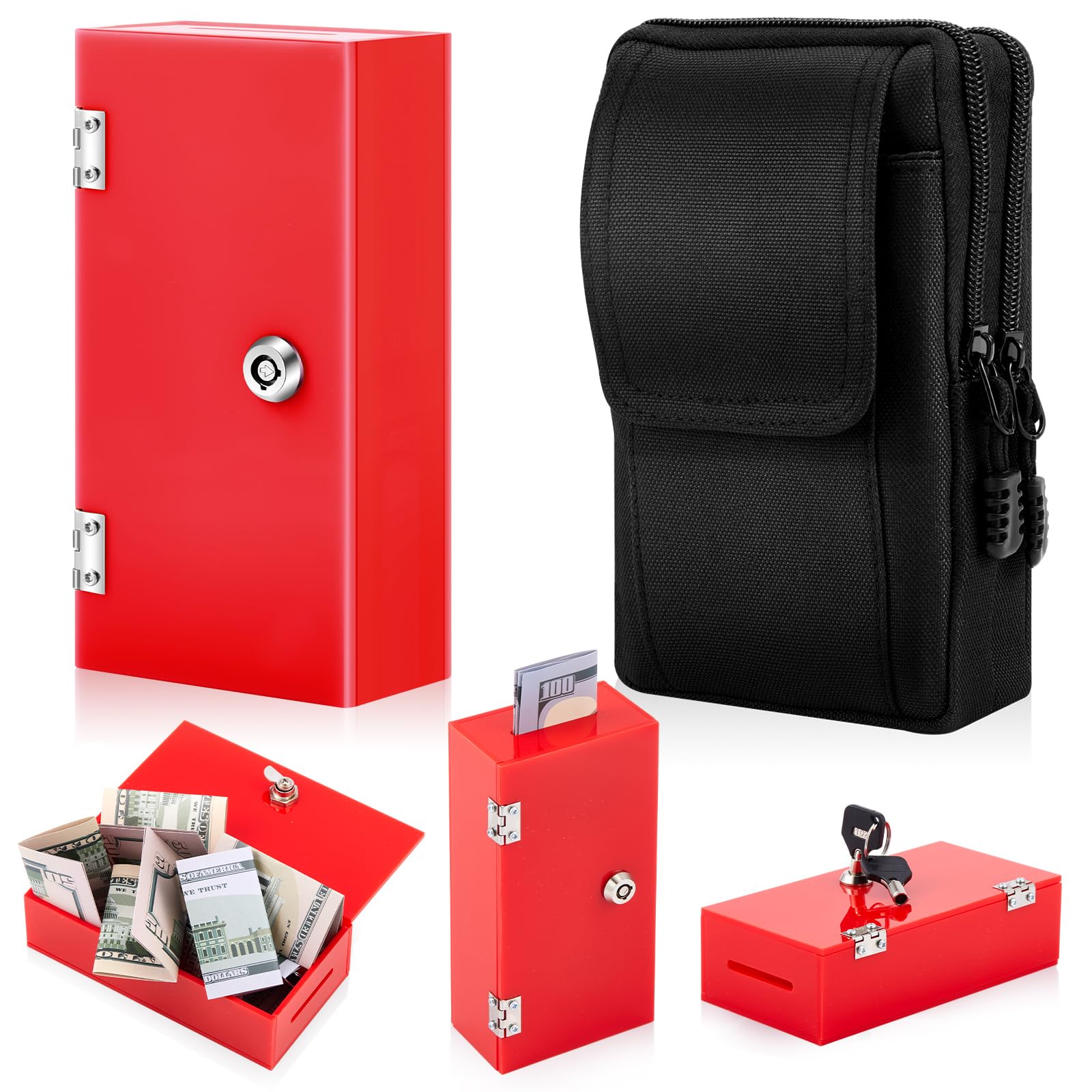 Photo 1 of CroBlissful Extra Large Acrylic Box Winners Bank Portable Cash Box with 2 Keys Pocket Sized Large Capacity Waist Bag Casino Lock bag Gifts Storage Stops Addictive(Red)
