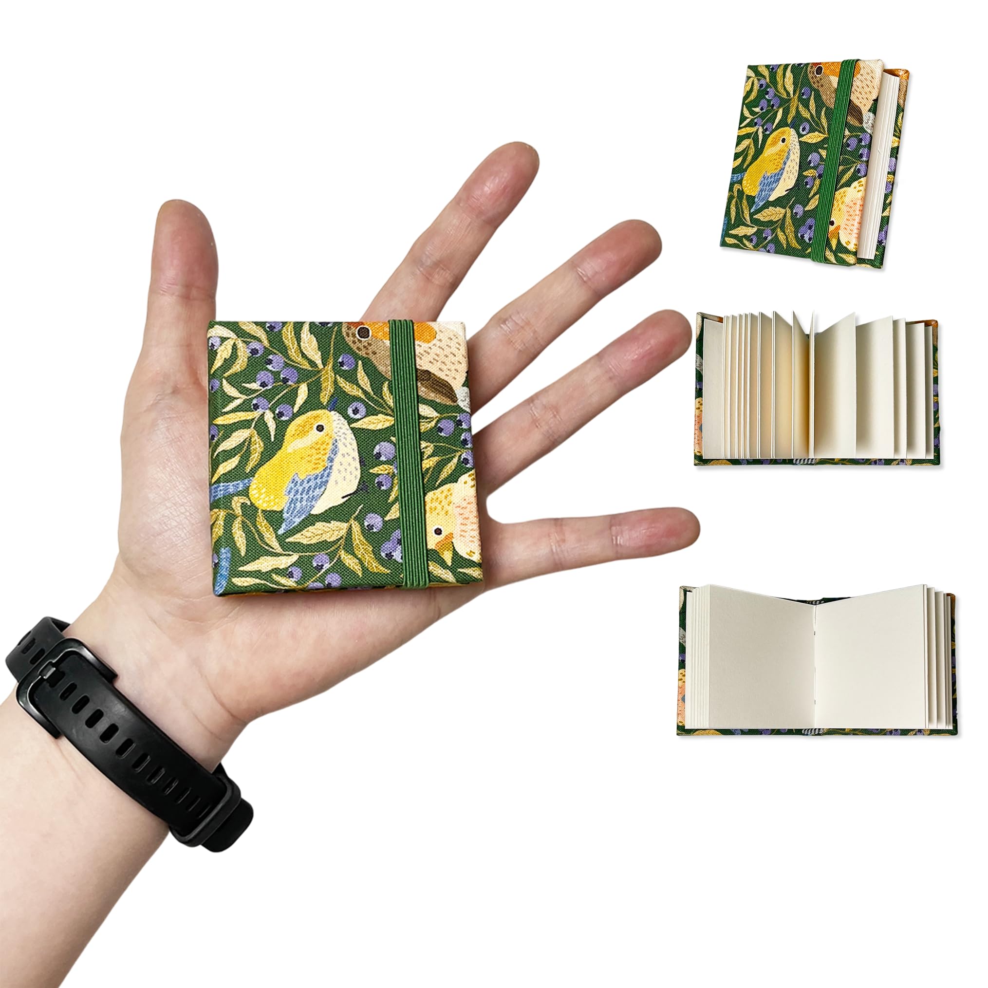 Waveaura Mini Travel Watercolour Sketchbook 6x6 cm Pocket Watercolor Book with Fabric Cover 300gsm 140lb, 20 Sheets (300gsm Sketchbook - Green Bird 1 pc)