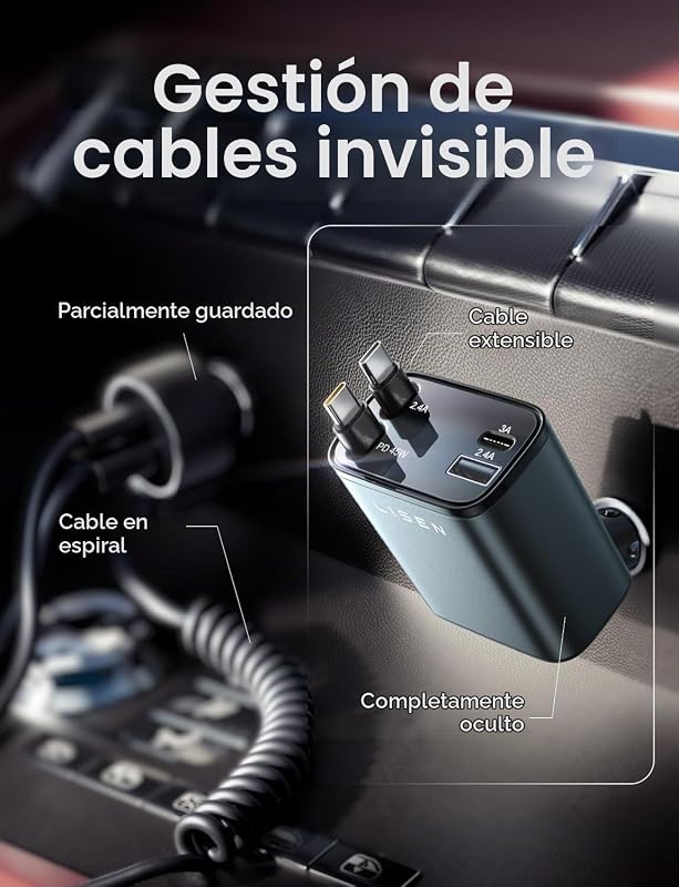 Carregador Retrátil USB-C para Automóveis Carregamento Rápido PD45W Carregador Isqueiro
