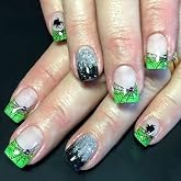 24 Set Halloween French Tip Press on Nails - Short Square Spooky Green Glitter Spider Web Design with Sparkly Rhinestones - Artificial Glue on Full Cover False Nails for Women - DIY