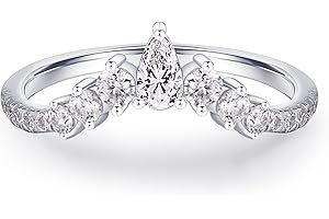 MOOSEA Unique Moissanite Wedding Band for Women, D Color VVS1 Clarity Lab Created Rings 14K White Yellow Rose Gold Vermeil Pear and Round Moissanite Curved Stackable Rings for Women Gifts