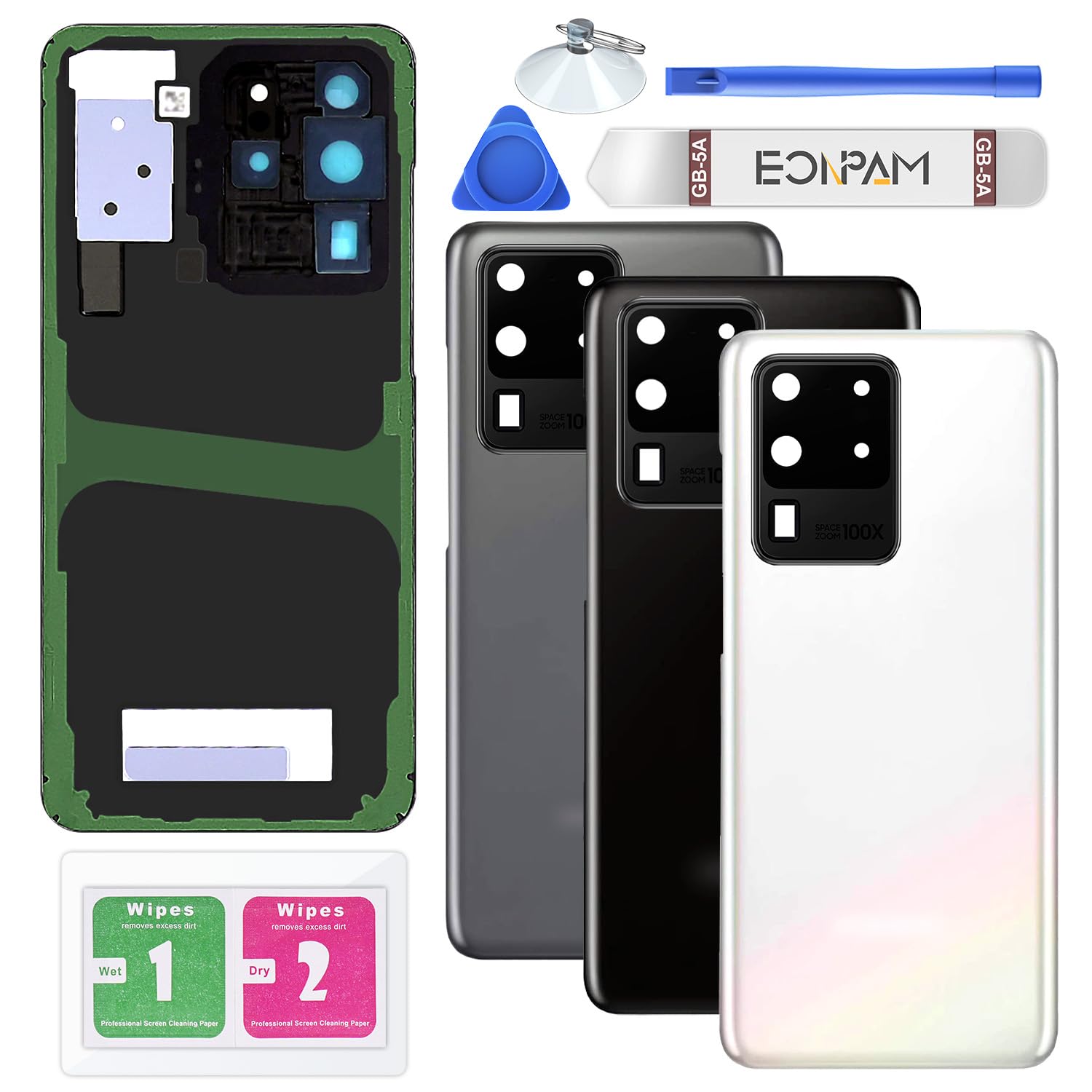 Eonpam Back Cover Glass for Samsung Galaxy S20 Ultra G988 Rear Glass Replacement with Camera Lens + Repair Kit Genuine Rear Housing (Cloud White)