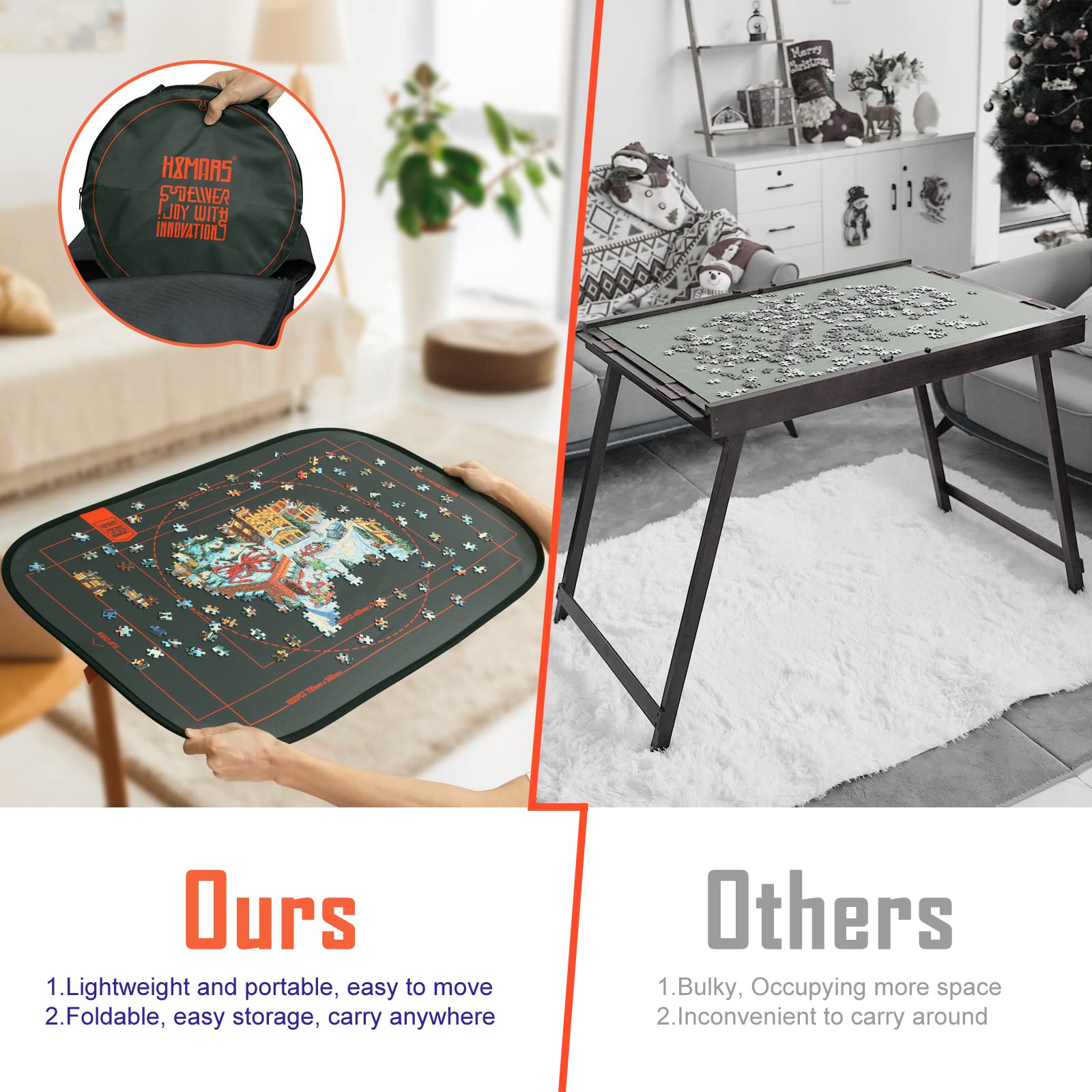 HXMARS Foldable Jigsaw Puzzle Board: Large Portable 1000 Piece Puzzle Mat with Sorter Trays, Storage Saver for 500 & 1000 Pieces, Storage Bag (Grey)