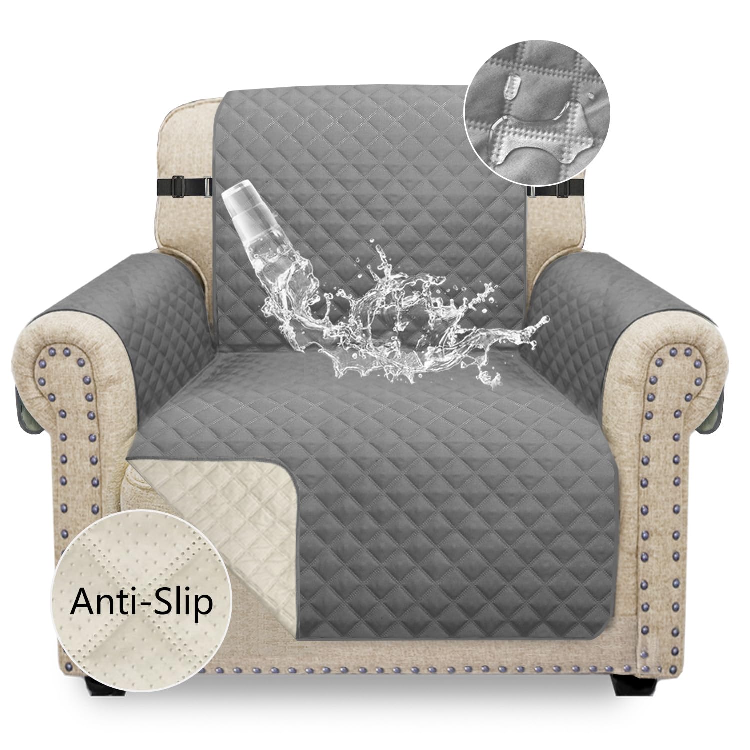 Granbest Waterproof Sofa Cover 1 Seater Non-Slip Armchair Cover with Elastic Straps, Washable Sofa Protector for Kids, Pets, Dogs, Cats Four Seasons Universal (1 Seater, Light Grey)