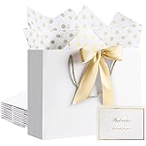 PASEOTA 12.6" Gift Bags Medium Size Set of 10 - Includes Tissue Paper, Cards & Ribbons, Luxury Gift Bags with Handles for Holiday Wedding Birthday (12.6" x 9.8" x 4.3", White)