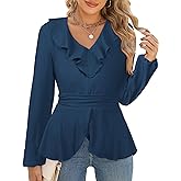 ECOWISH Women Dressy Ruffle Blouse: 2025 Long Sleeve Peplum Work Shirts Elegant V Neck Smocked Waist Business Casual Tops