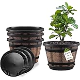 Quarut Plant Pots Set of 4 Pack 12 inch,Large Whiskey Barrel Planters with Drainage Holes & Saucer.Plastic Flower Pots Imitation Wine Barrel Design, for Indoor & Outdoor Garden Home Plants (Brown)