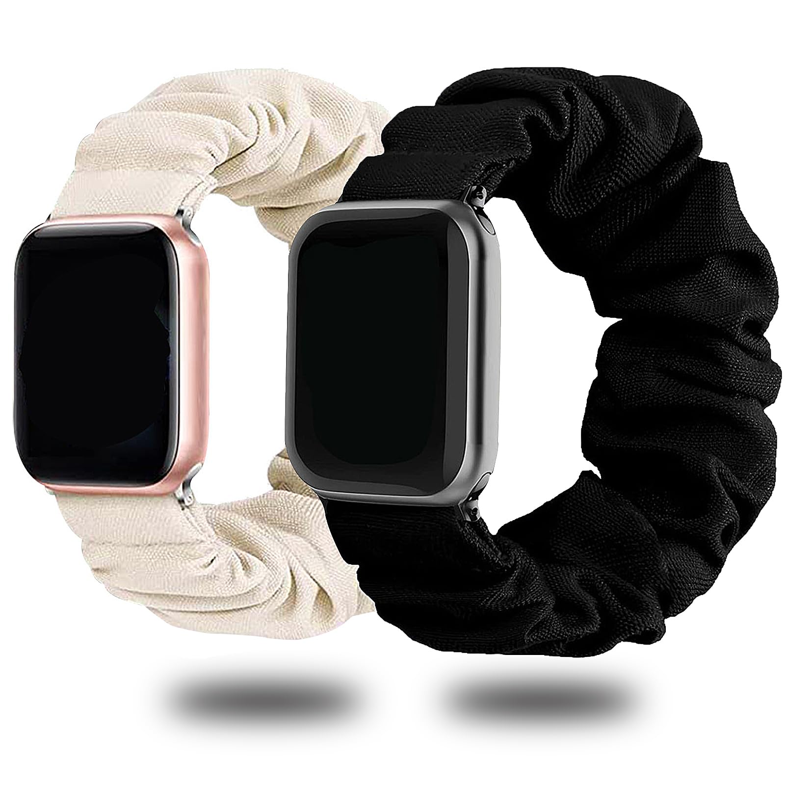 YUTOU Pack of 2 Elastic Bracelets Compatible with Apple Watch Scrunchies Fabric Watch Strap Straps 38 mm 40 mm 41 mm for Apple iWatch 8/7/6/5/4/3/2/1 SE (Black/Starlight), 2 cm, Polyester and cotton