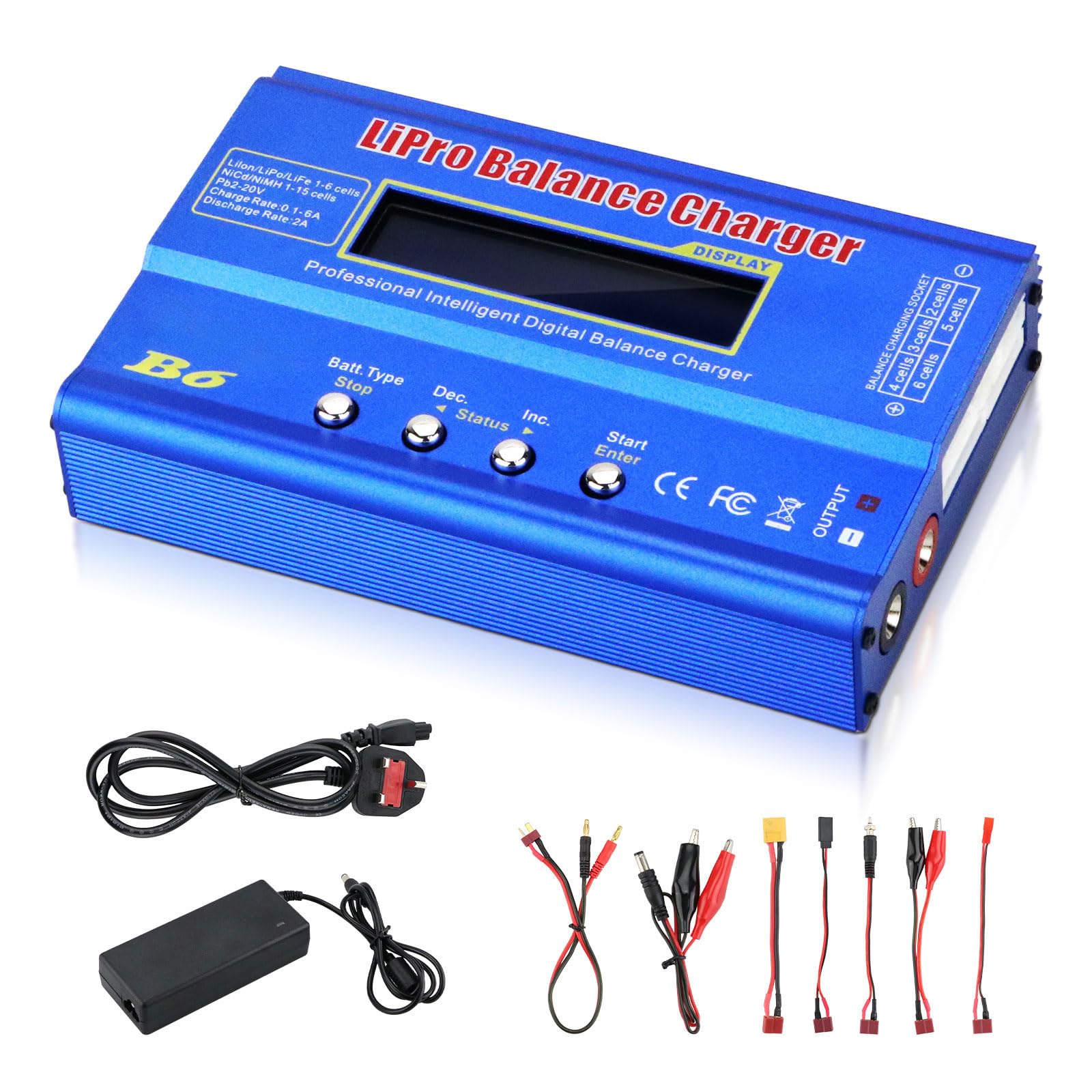 Lipo Battery Charger - 6A 80W Balance Charger Discharger with Power Adapter and XT60 Charging Cable, Digital Charger for LiPo Li-ion NiCd Pb NiMH LiFe Battery