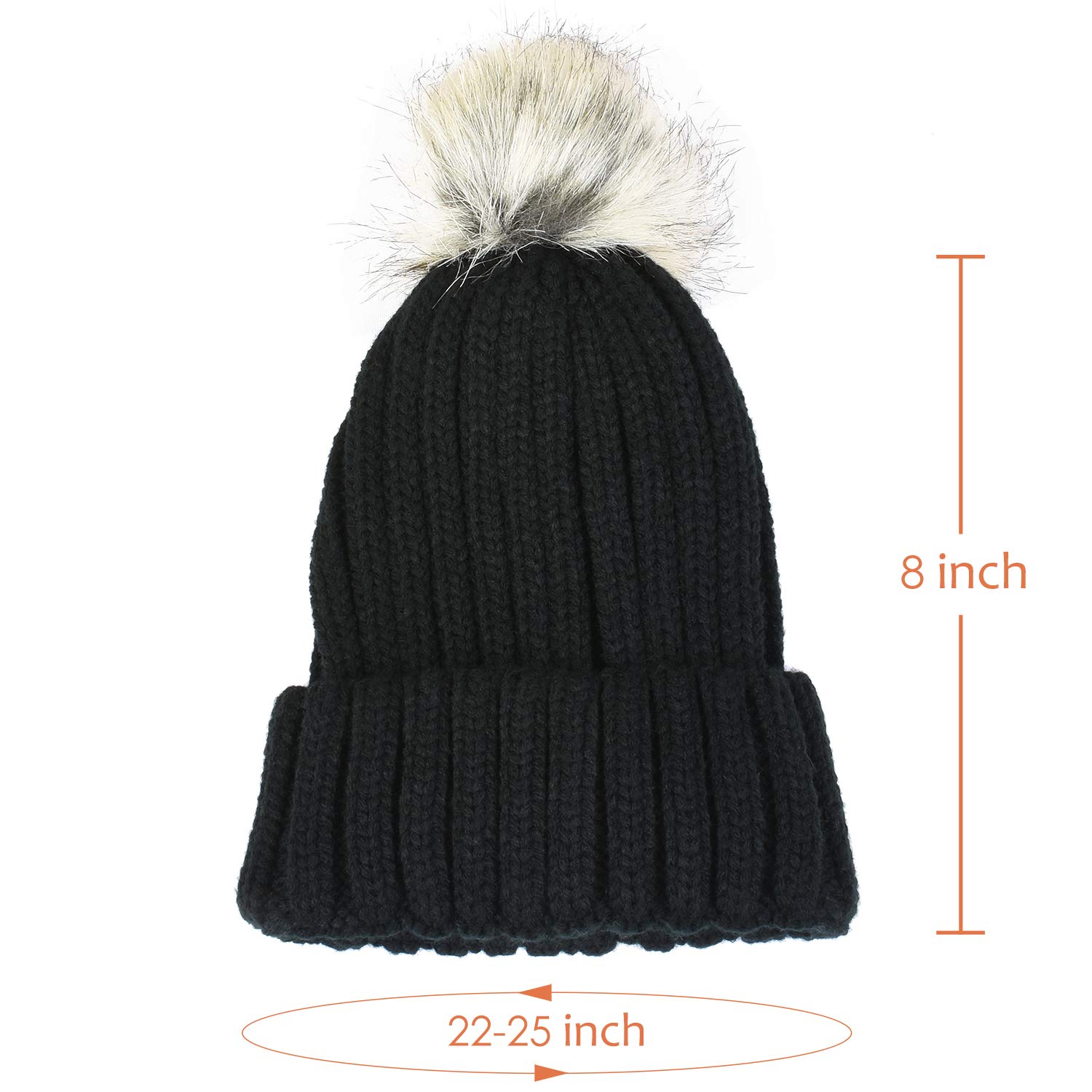 Cable Knit Beanie Warm Faux Fuzzy Fur Pom Pom Skull Ski Cap for Men, Women