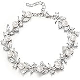 EVER FAITH Gorgeous Cubic Zirconia Wedding Link Bracelet for Bride Bridesmaids, Simulated Pearl Clear Marquise Teardrop Crystal Bridal Jewelry for Women Prom