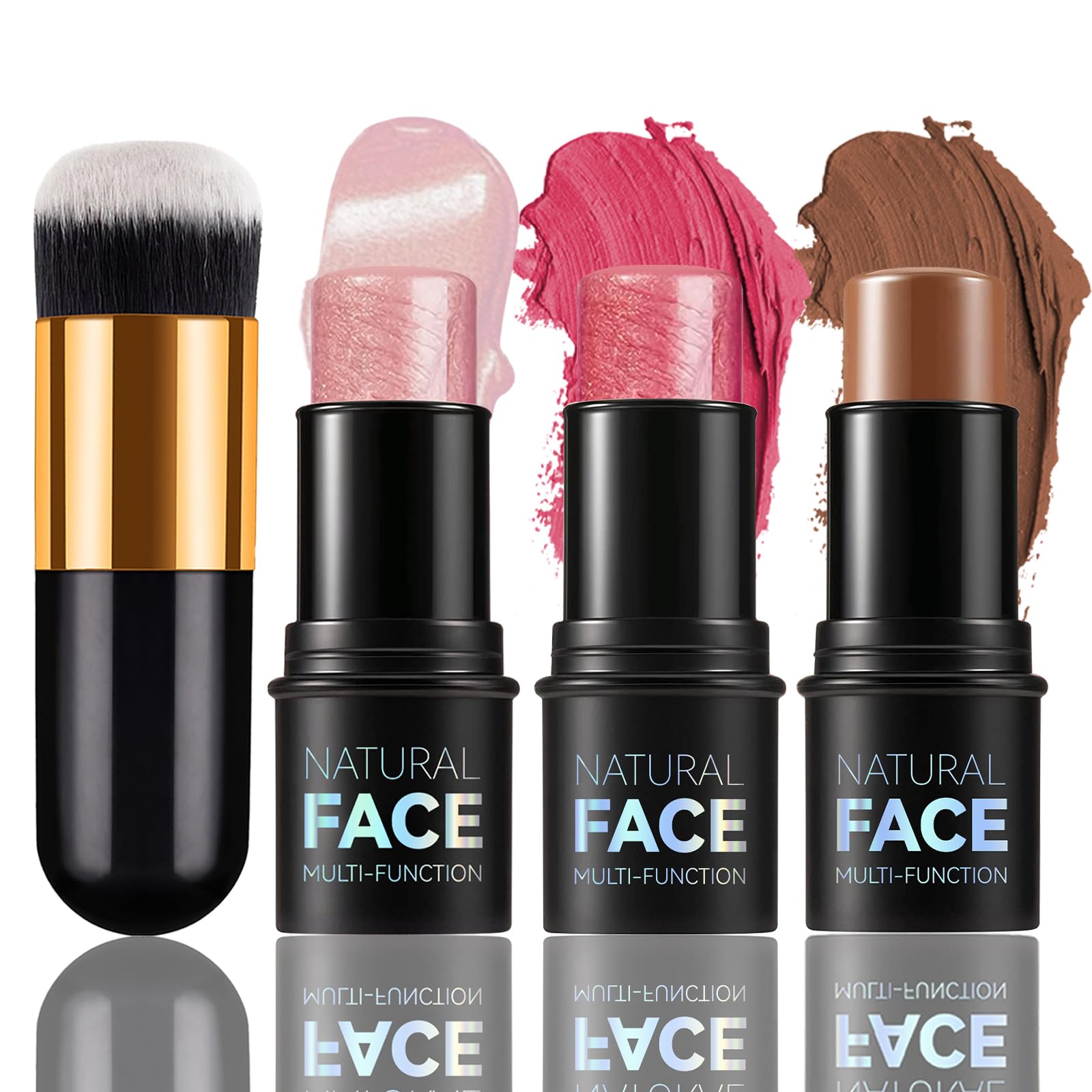 MKNZOME 3 Pcs Cream Contour Sticks Makeup Kit, Shades with Highlighter Stick, Blush Stick and Bronzer Stick, Contour Stick Makeup with Contour Brush Blendable, Waterproof, Long-lasting