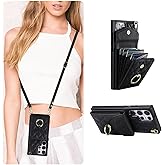 QLTYPRI Crossbody Wallet Case for Samsung Galaxy S22 Ultra, PU Leather Phone Case with RFID Blocking Card Slots Holder 360° Rotatable Ring Kickstand Wrist Strap Lanyard Handbag Purse Cover – Black