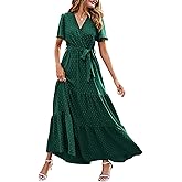 MASCOMODA Womens Summer Swiss Dot Maxi Dressses Wrap V Neck Flutter Short Sleeve Boho Casual Flowy Long Wedding Guest Dress
