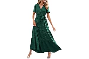 MASCOMODA Womens Summer Swiss Dot Maxi Dresses Wrap V Neck Flutter Short Sleeve Boho Casual Flowy Long Wedding Guest Dress
