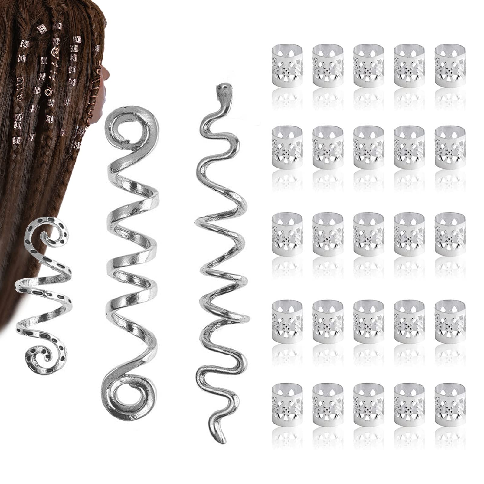 Viking Hair Accessories, 28 Pcs Dreadlocks Hair Jewellery with Spiral Hairpins and Hair Beads for Braids, Alloy Braid Accessories for Women, Men, DIY Hair Style, Beard, Jewelry (Silver)