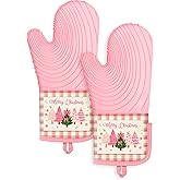 Slohif Long Silicone Oven Mitts Heat Resistant for Women - 2 Pcs Christmas 100% Cotton Oven Gloves, Non-Slip and Waterproof Silicone Oven Mitts with Hanger for Baking and Cooking