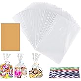 ABSOFINE Cellophane Treat Bags 6"x10", 200 Pcs Clear OPP Plastic Treat Bags with 200 Twist Ties and 108 Stickers for Gift Wrapping, Packaging Candies, Dessert, Bakery, Cookies, Chocolate, Party Favor