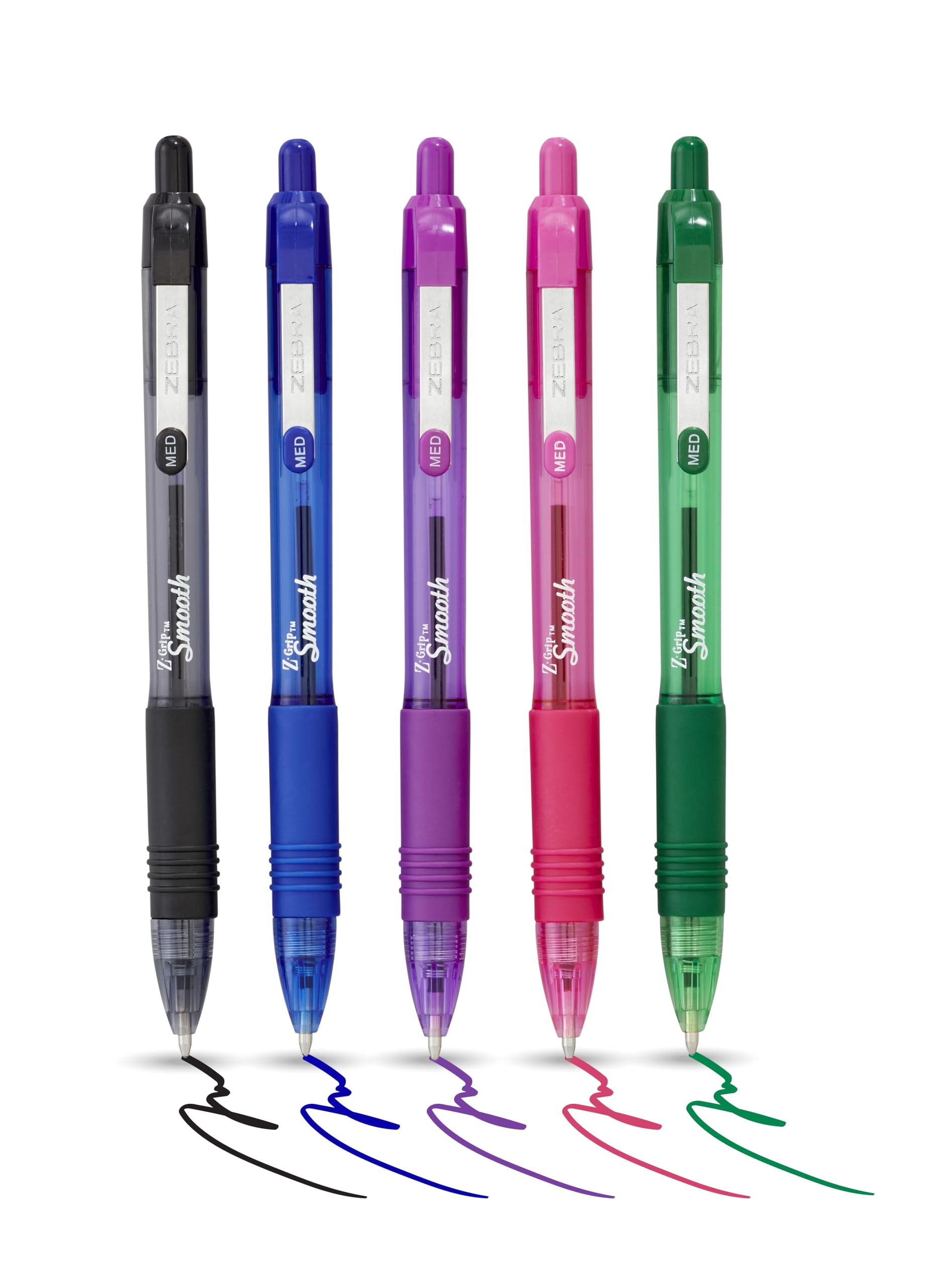 Zebra Pen Z Grip Smooth Multi- Coloured & Black Ballpoint Pens, Smooth & Comfortable Retractable Pens With Pocket Clip, Multipack Biro Pens - Medium Point, 5 pack
