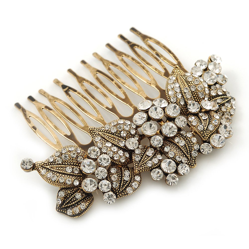 Vintage Inspired Bridal/Wedding/Prom/Party Austrian Clear Crystal 'Leaves & Flowers' Hair Comb In Antique Gold Metal - 80mm