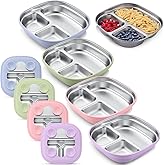 Geiserailie Square Stainless Steel Toddler Plates with Suction – 7.68” Divided Plates with Removable BPA-Free Silicone Sleeves, Unbreakable Baby Feeding Dishes Set of 4(Pink,Green,Purple,Blue)