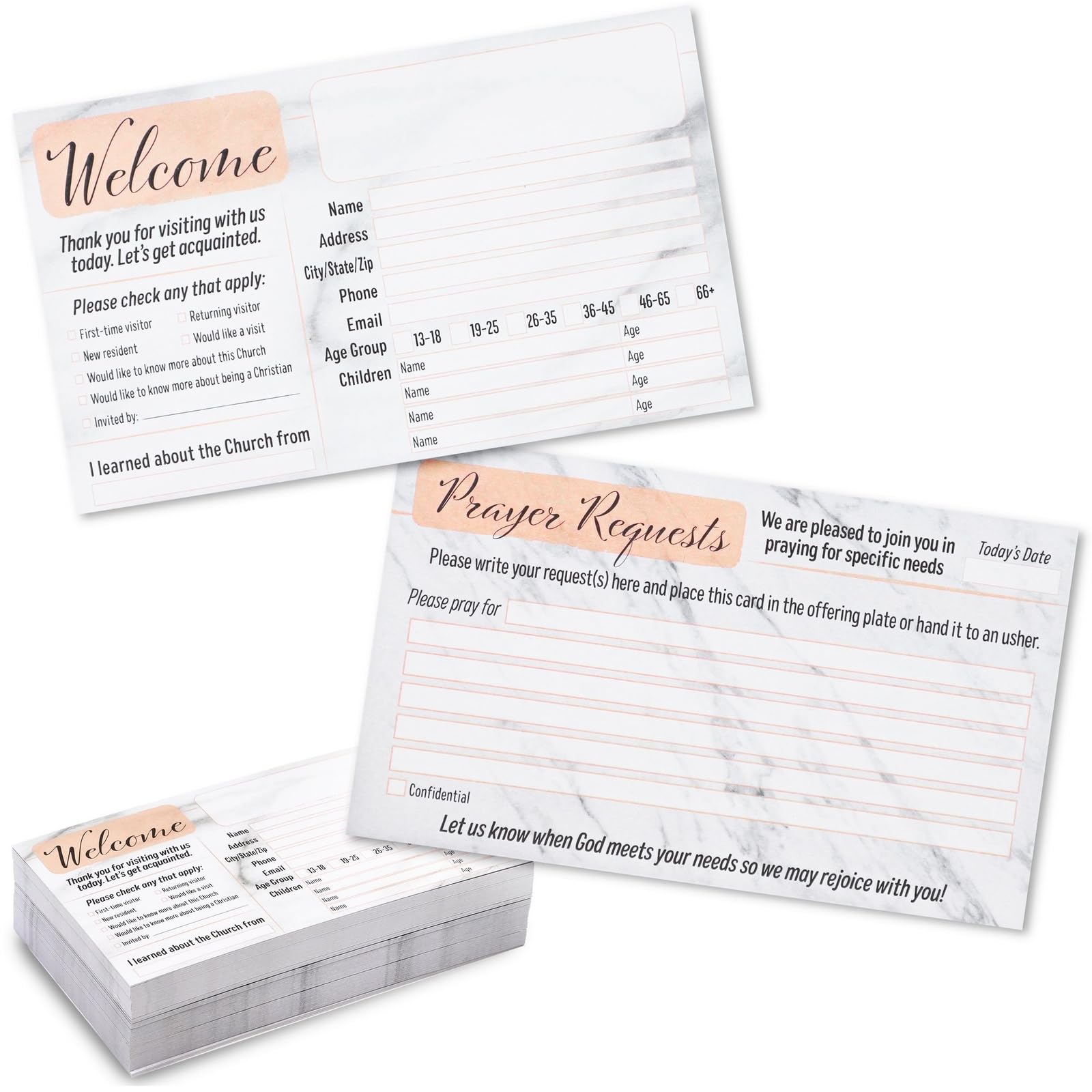 100 Pack Prayer Request and Welcome Cards for Church Visitors, Double Sided, Marble Designs (3 x 5 In)