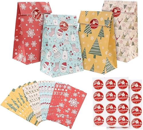 24 Christmas Bags Small Gift Bags with Sealing Stickers Flat Bottom Christmas Paper Bags Gift Bags Small Multipack Christmas Sweets Bags Party Bags Candy Treats Presents Bags Advent Bags for Kids