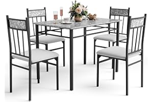 NAFORT 5 Piece Dining Table Set for 4, Faux Marble Kitchen Table and Chairs Set of 4, Vintage Rectangular Dining Room Table with Cushion Padded Seat, Metal and Wood Dining Set Kitchen Furniture, Grey