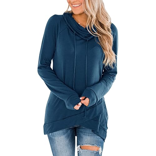 Fallorchid Womens Long Sleeve Pullovers Cowl Neck Tunic Tops Casual Drawstring Sweatshirts