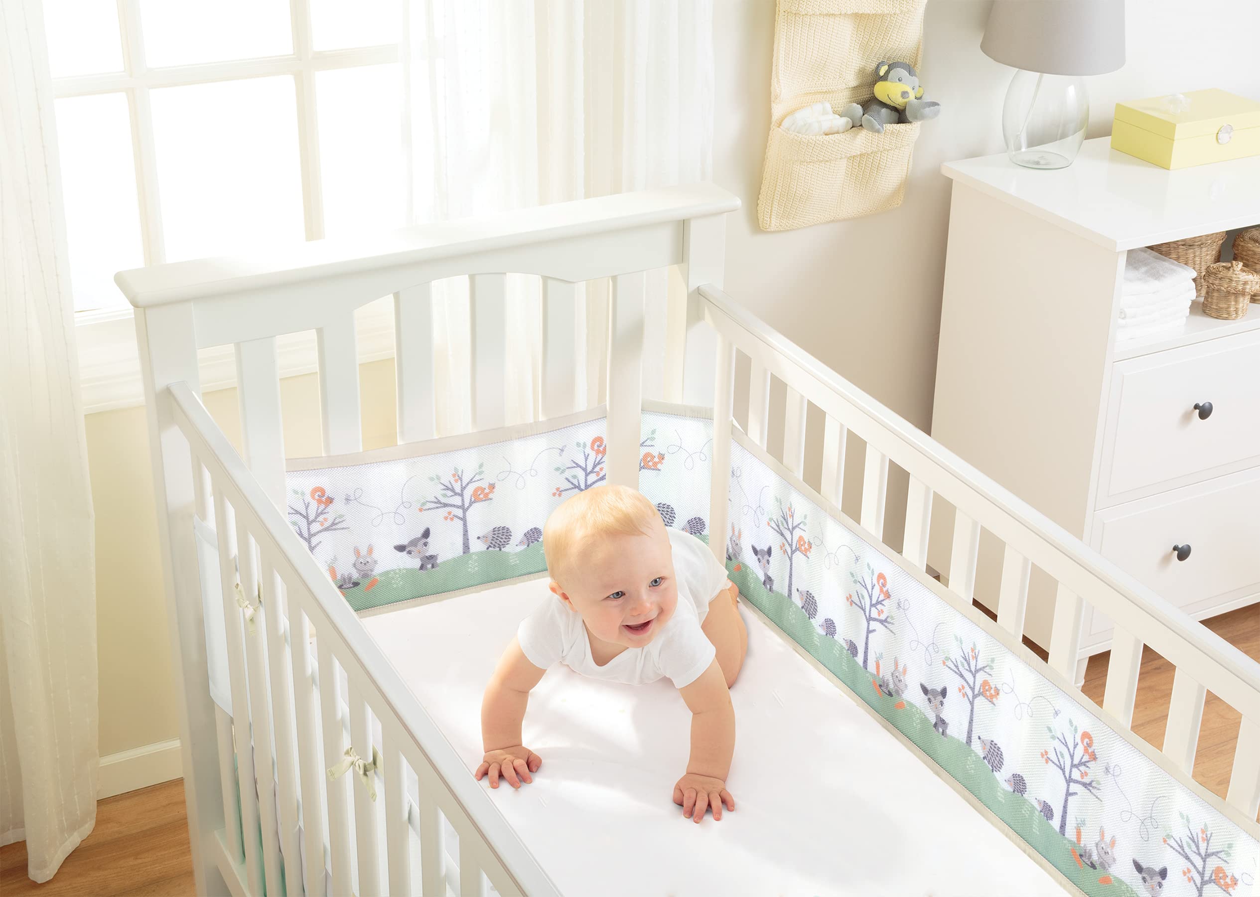 BreathableBaby Classic Breathable Mesh Cot Liner | for Cots with 4 Open Sides | Covers 4 Sides | The Safer Alternative to Traditional cot Bumpers | Machine Washable | Woodland Walk | Adjustable