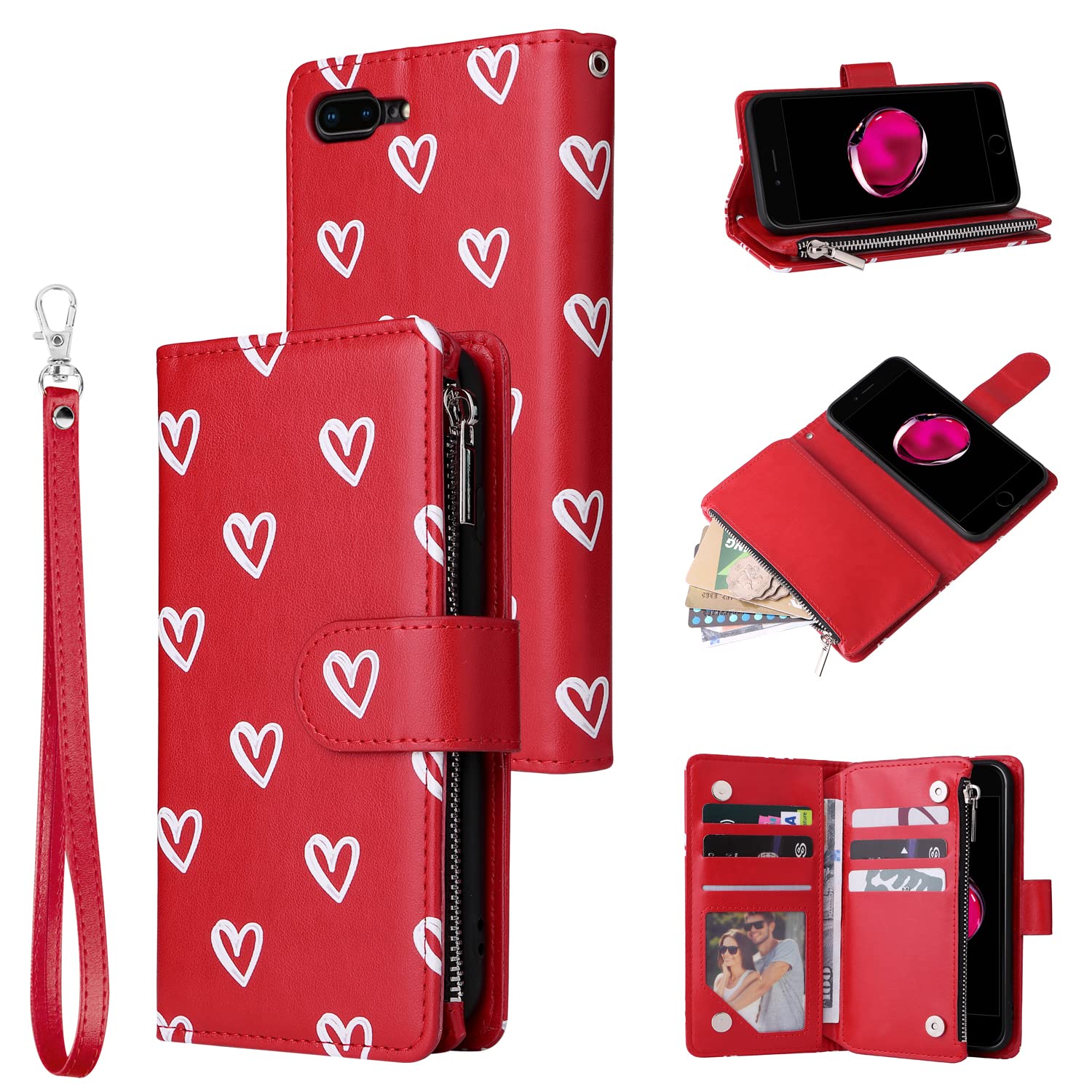 UEEBAI Wallet Case for iPhone 7 Plus/iPhone 8 Plus, Premium Vintage PU Leather Magnetic Closure Handbag Zipper Pocket Case Kickstand Card Holder Slots with Wrist Strap TPU Shockproof Flip Cover - Red