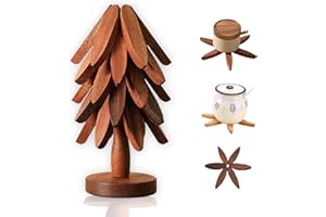 Natural Wood Tree Trivet Set, Wooden Trivets for Hot Dishes, 5 PCS Wooden Trivets & 1 Stand Like Christmas Tree, for Hots, Pa