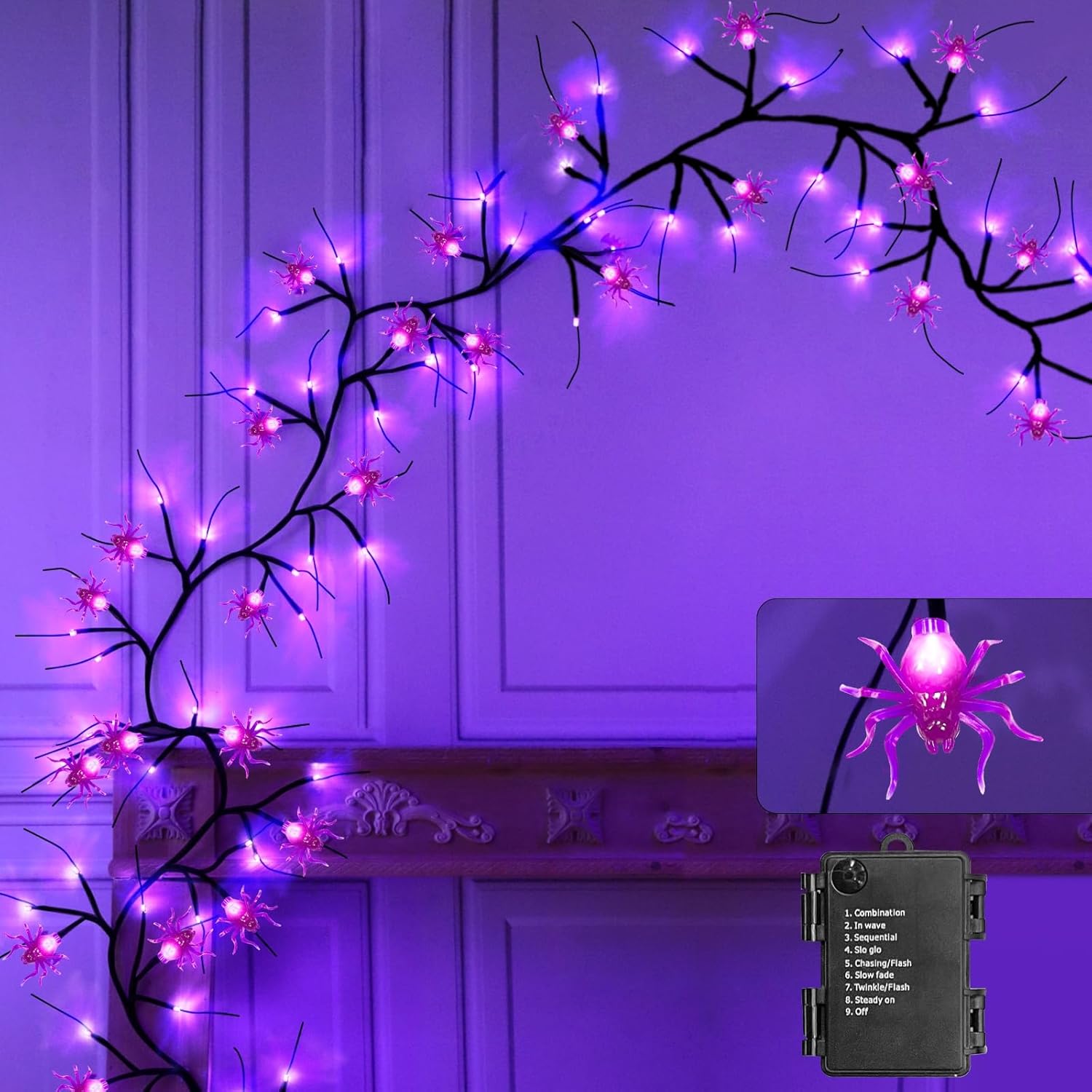 Wreaths, Garlands & Swags - TURNMEON [Timer & 8 Modes] 6Ft 54 LED Halloween Willow Vine Twig 18 LED Spiders, 36 Purple Halloween Lights Waterproof Battery Operated Garland Halloween Scary Decorations Home Indoor Wall