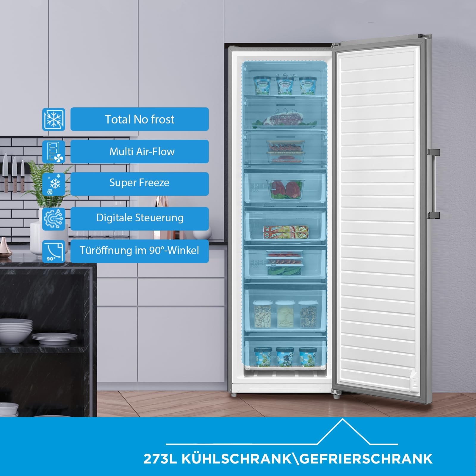 Midea Gefrierschrank & Kühlschrank in einem MDRU385MTE46 | 273L, 185 cm | Umschaltbarer Kühl- & Gefriermodus | NoFrost & Multi Air Flow | GMCC-Kompressor, Leise & Energiesparend | Freistehend, Inox 4