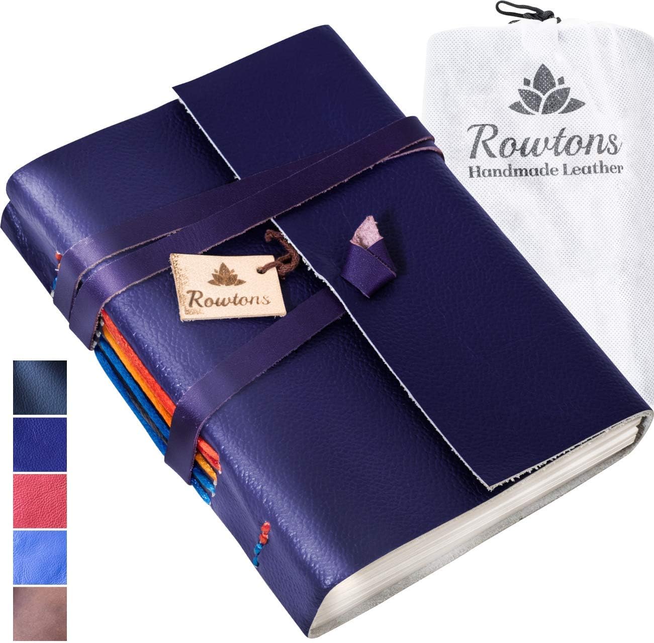 Leather Journal Hand-Made Notebook by Rowtons - 18x13cm Genuine Buffalo Leather-Bound Writing Notepad for Women Men with Plain Luxury Eco Paper & Gift Bag - Travel Book to Write in – Rainbow Purple