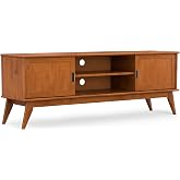 SIMPLIHOME Draper 72" Wide Solid Wood TV Stand in Teak Brown | Mid-century modern entertainment center for living room for TVs up to 80" with cabinets and cable management; media console.