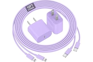 DELONI Phone Charger Fast Charging 10 FT, Long USB C to Lighting Cable 10 Foot with 20W USB C Rapid Phone Charger Block, Compatible with iPhone 14 Pro/13Pro Max/12/11Pro/Mini, 2 Pack - Purple