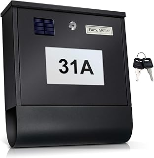 TÄGA TG-2214S Solar Briefkasten anthrazit mit beleuchteter Hausnummer, Automatische Nachtbeleuchtung durch Helligkeitssensor und Akku, Zeitungsfach, Namensschild, Edelstahl