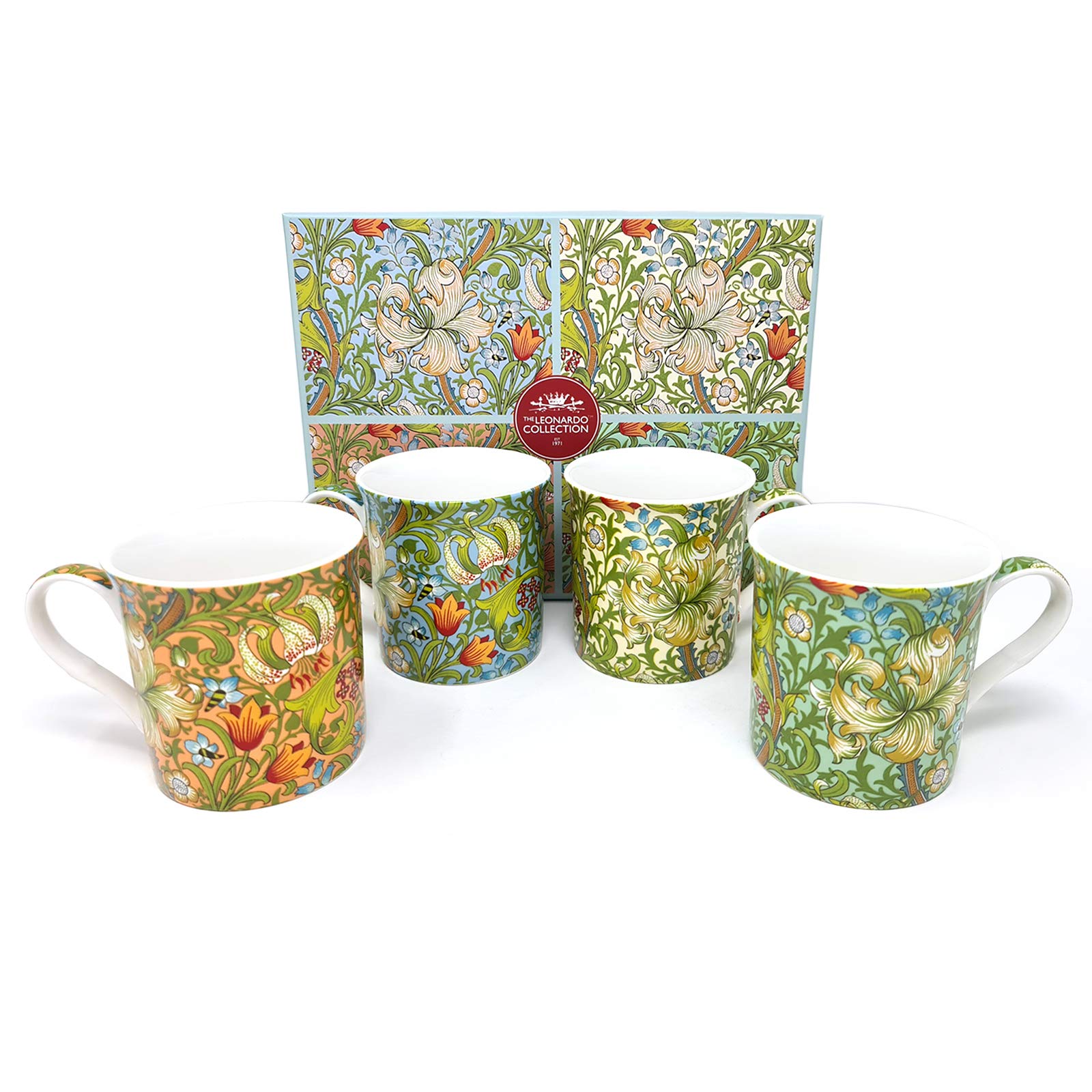 Leonardo Collection Set 4 China Coffee Mugs William Morris Floral Golden Lilly
