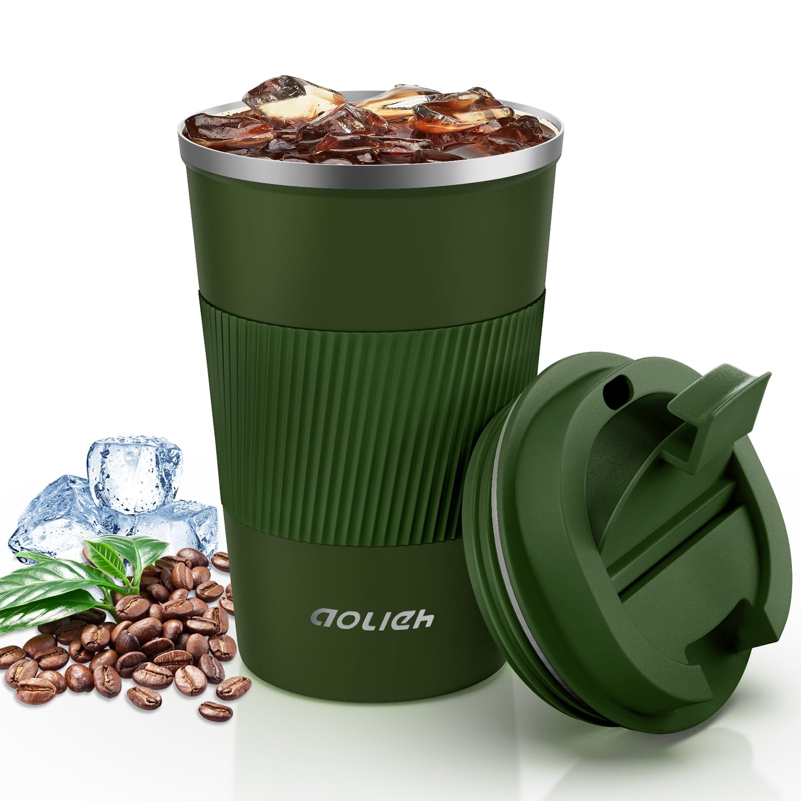 Aolieh Travel Mug, Insulated Coffee Cup,Double Walled Travel Mug Vacuum Insulation Stainless Steel with Leakproof Lid Eco-Friendly Reusable Cup for Coffee,Tea and Beer(Green-380ML)